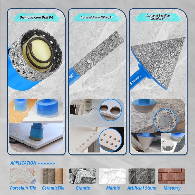ZNXIMER Diamond Core Drill Bits Set - Porcelain Tile Hole Saw Kit for Ceramic, Granite, Marble and More Drilling - 13pcs Diamond Hole Saw Kit(6/6/8/20/25/28/35/45/50/65MM/2/6MM/10MM) - Image 4
